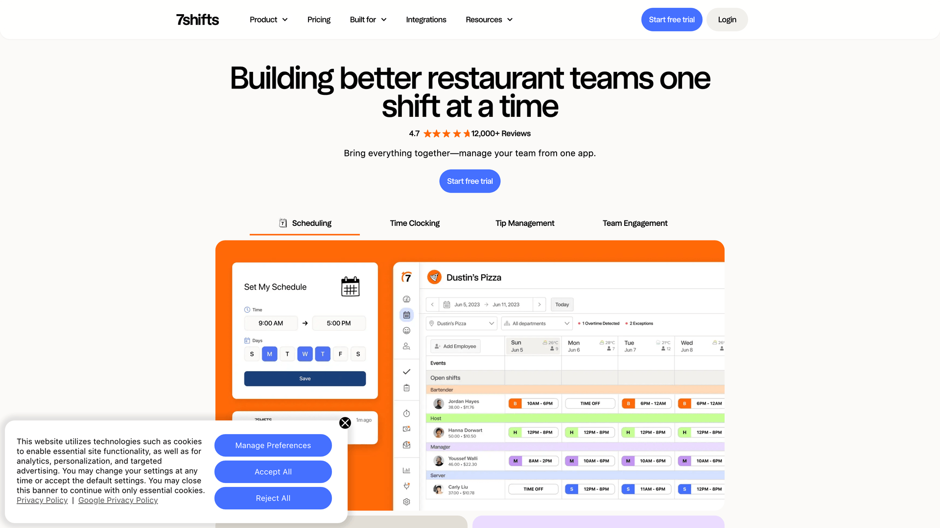 7shifts - restaurant management platform website screenshot