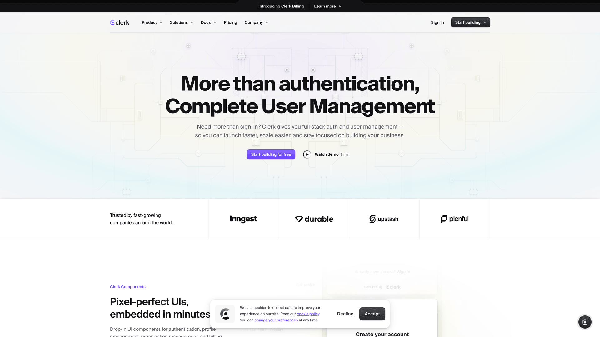 Clerk - authentication platform website screenshot