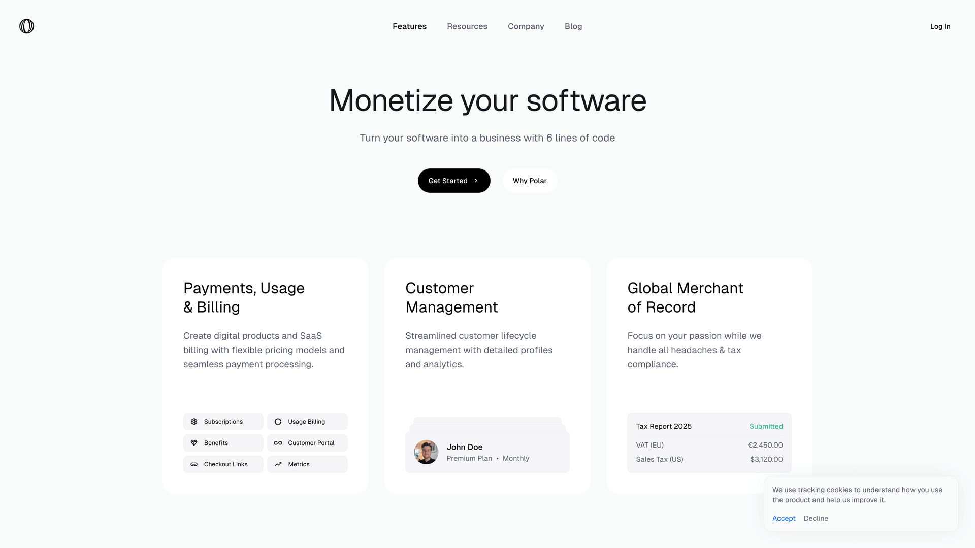 Polar - developer funding platform website screenshot