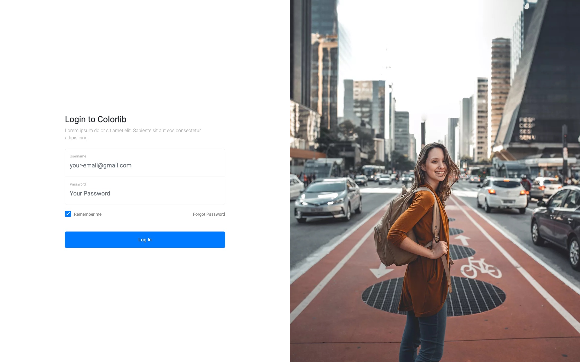 Login Form V01 Bootstrap template featuring split-screen design with image on left and minimal login form on right