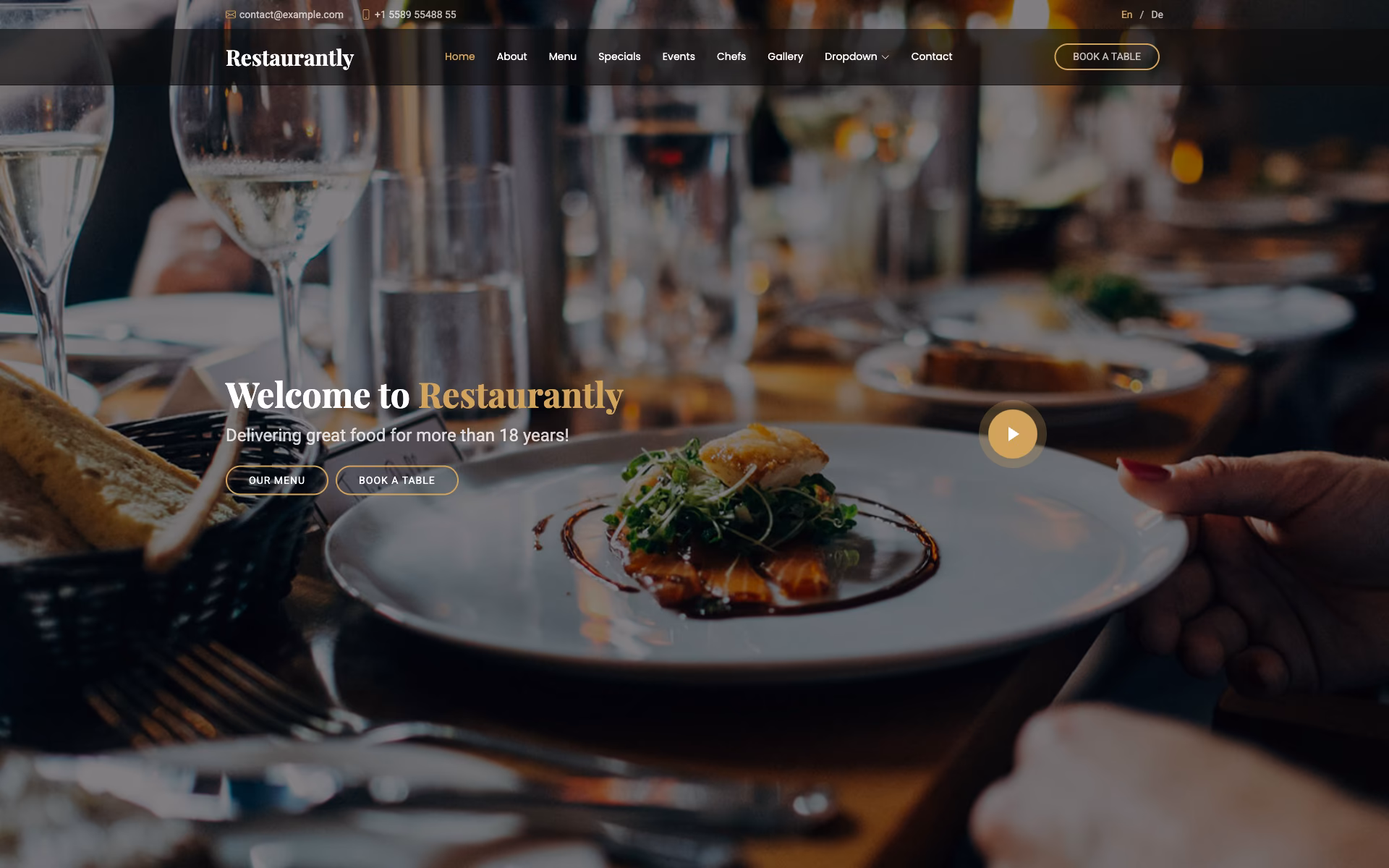 Restaurantly Bootstrap restaurant template demo showing business-focused layouts with multimedia galleries