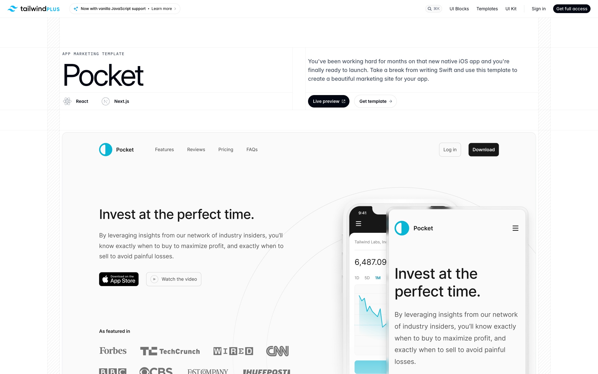 Pocket Tailwind UI template for mobile apps and responsive design