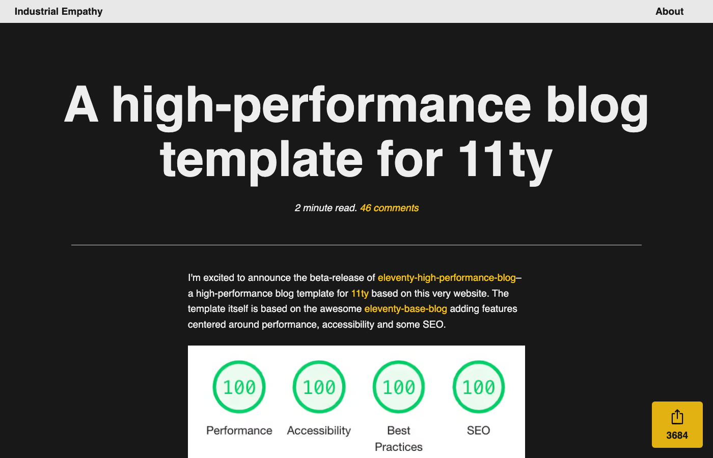 Eleventy High Performance Blog - Google's Performance-First 11ty Blog Template with 100/100 Lighthouse Scores