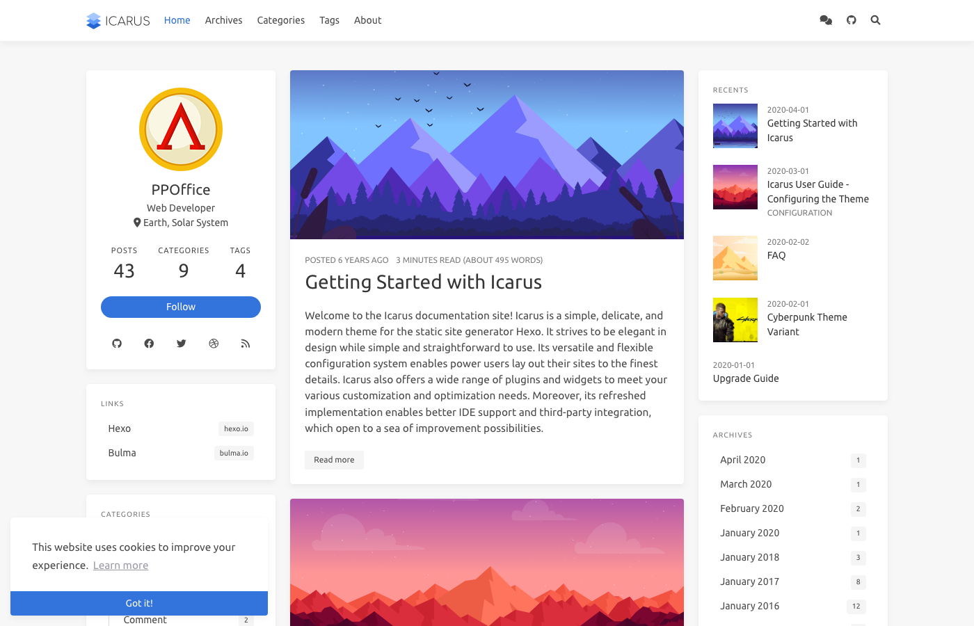 Icarus - Widget-Rich Hexo Blog Theme Built with Bulma CSS and Inferno.js