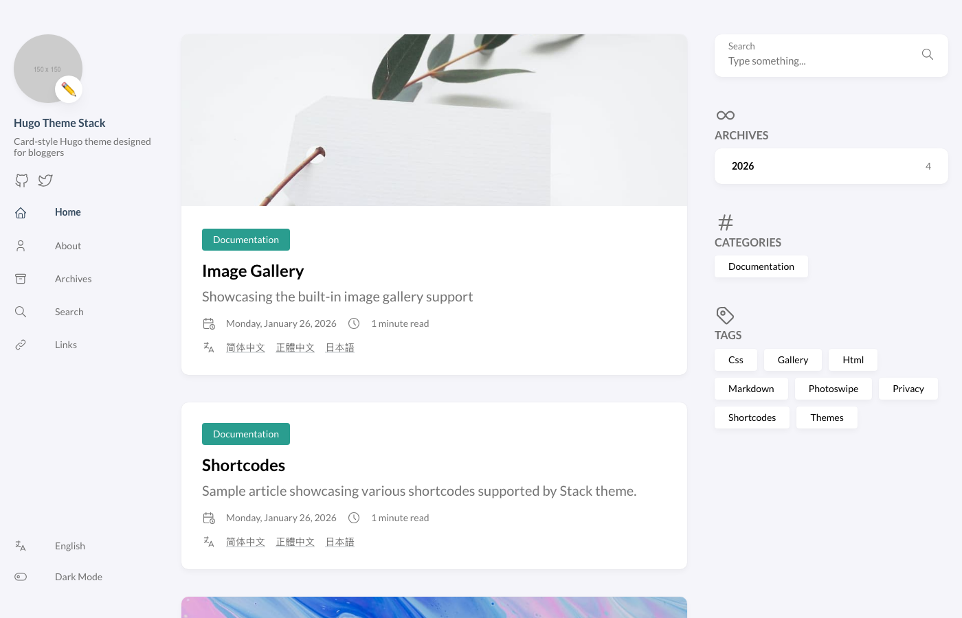 Hugo Theme Stack - Free Card Style Blog Theme with Dark Mode Sidebar and PhotoSwipe Gallery