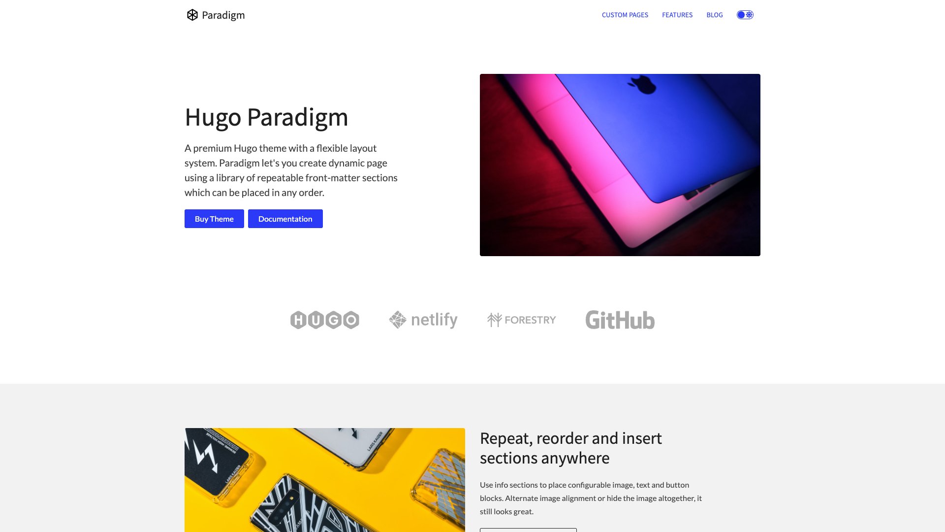 Hugo Paradigm - Premium Page Builder Theme with Reusable Sections Dark Mode and 90KB Total Size