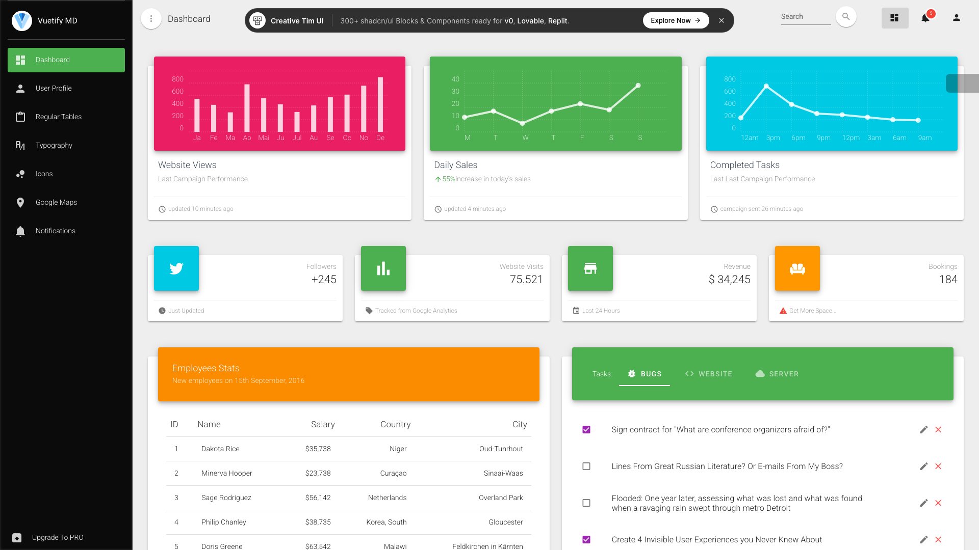 Vuetify Material Dashboard free Vue template