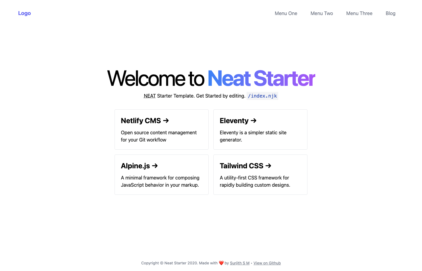 Neat Starter - NEAT Stack Template with Netlify CMS, Eleventy, Alpine.js, and Tailwind CSS