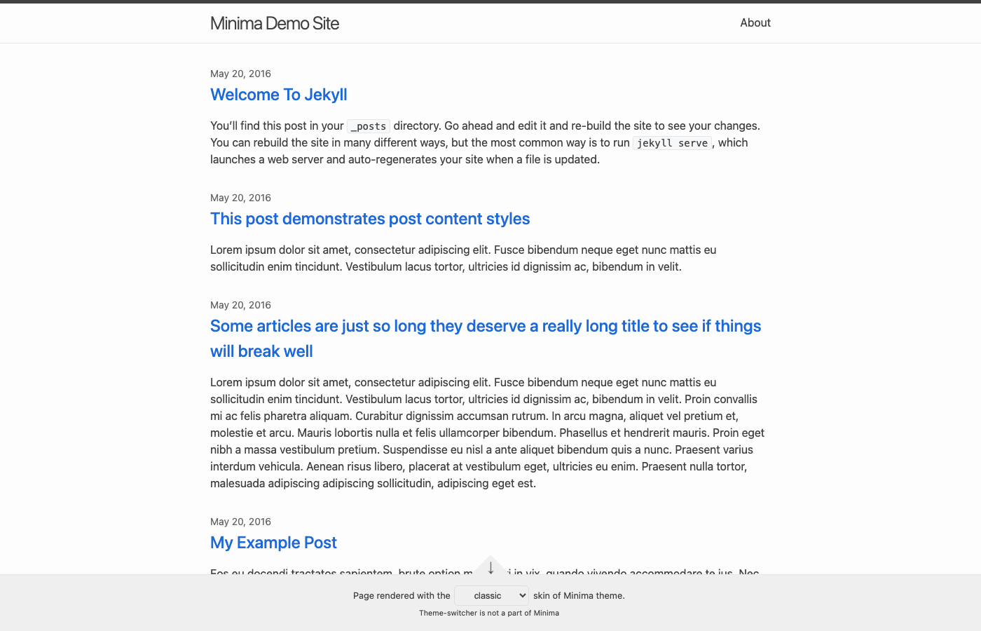 Minima - Official Jekyll Default Theme with 6 Skins and Customizable Sass Variables