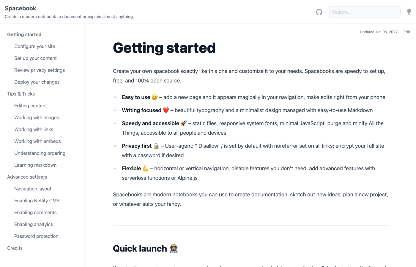 Spacebook - Documentation Site Generator Built with Eleventy, Tailwind CSS, and Alpine.js