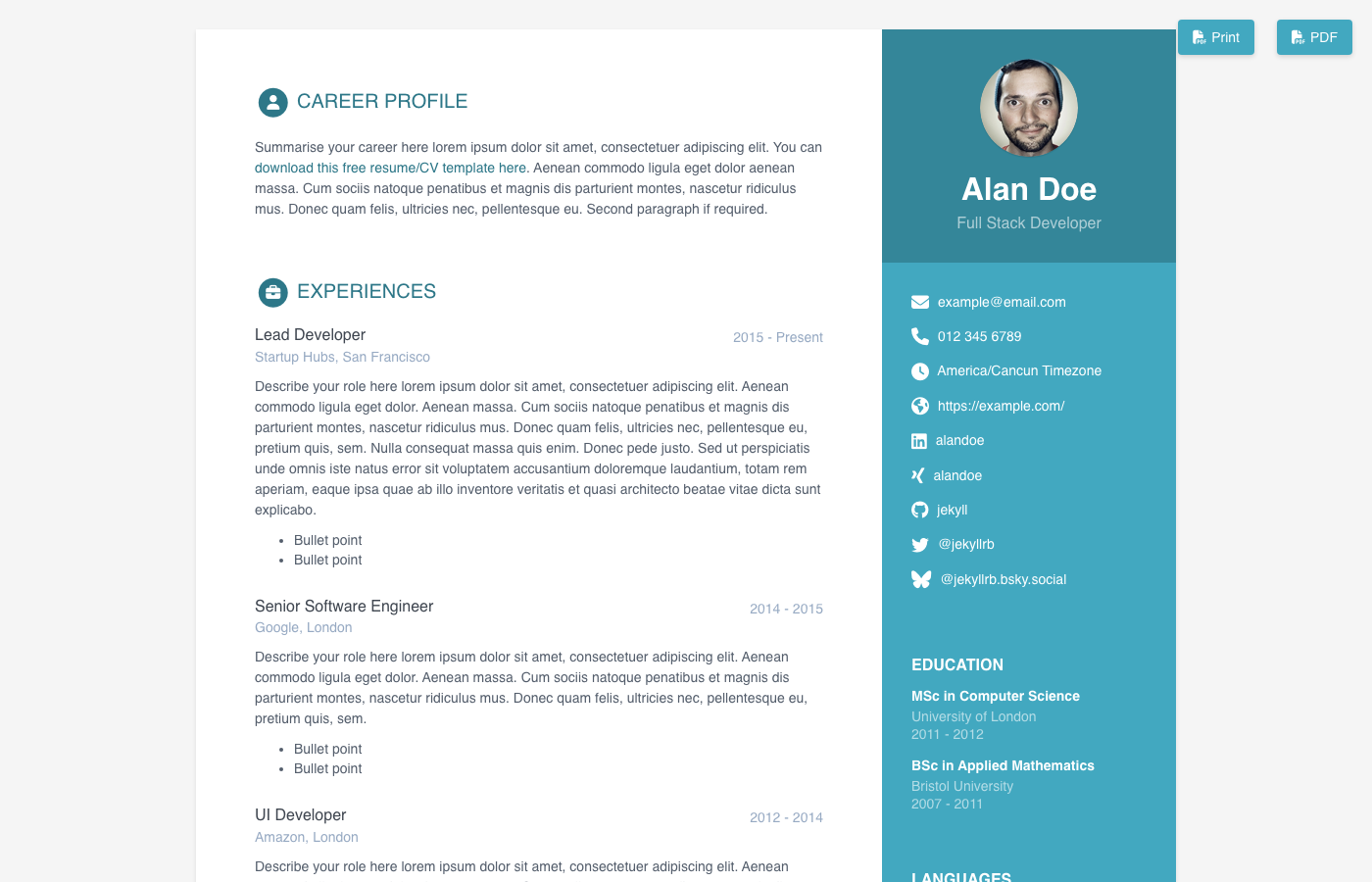 Online CV - Free Jekyll Resume Theme with 8 Color Skins, YAML-Driven Content, and Print-Friendly Layout