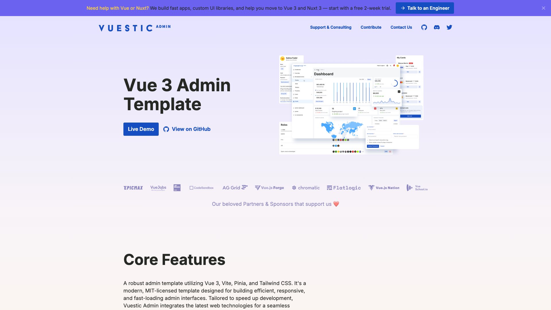 Vuestic Admin - Vue 3 admin dashboard with Tailwind CSS, Pinia state management, and Vuestic UI components