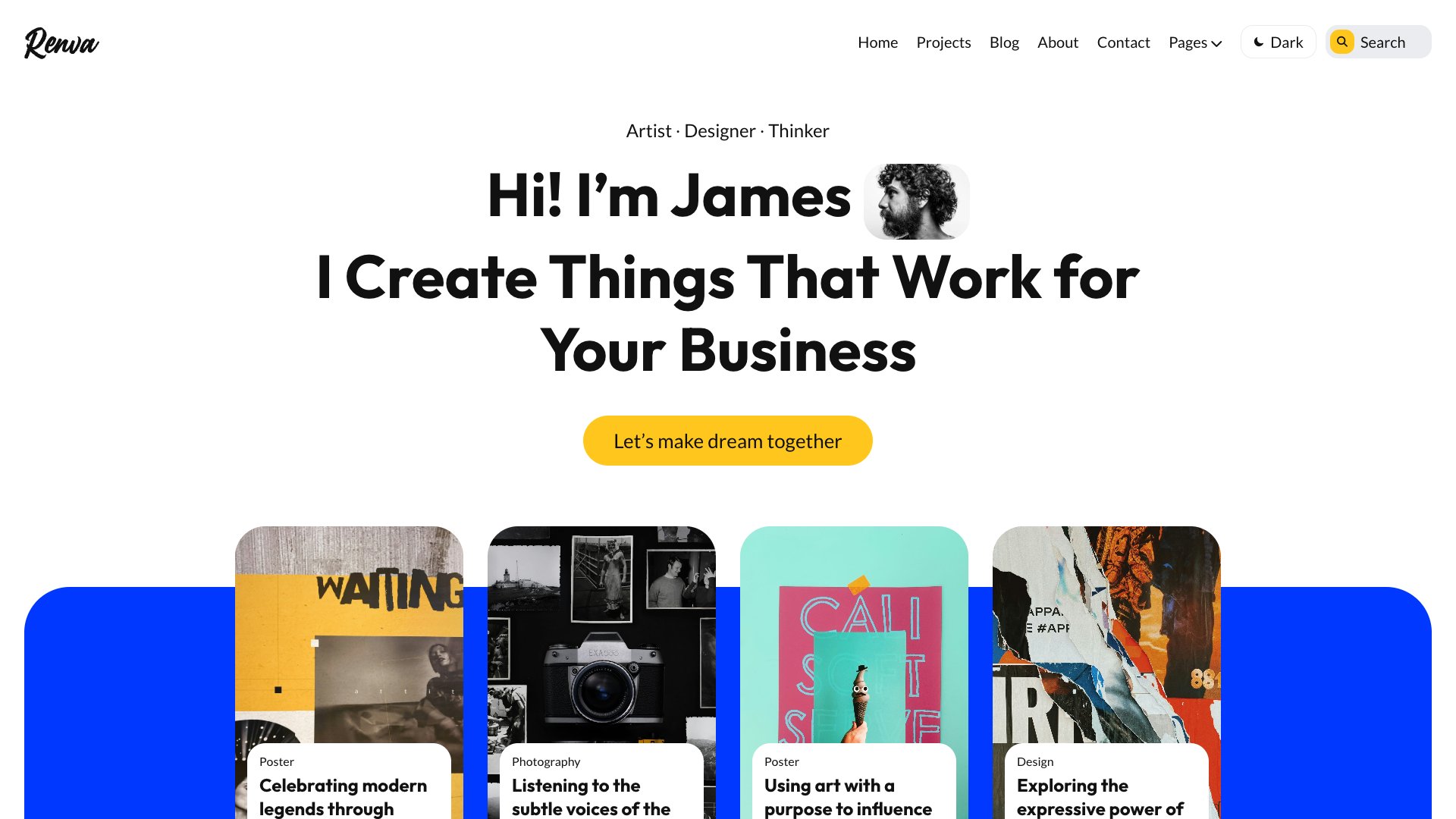 Renva - Premium Bold Portfolio Jekyll Theme for Artists with Services FAQ Testimonials and Dark Mode