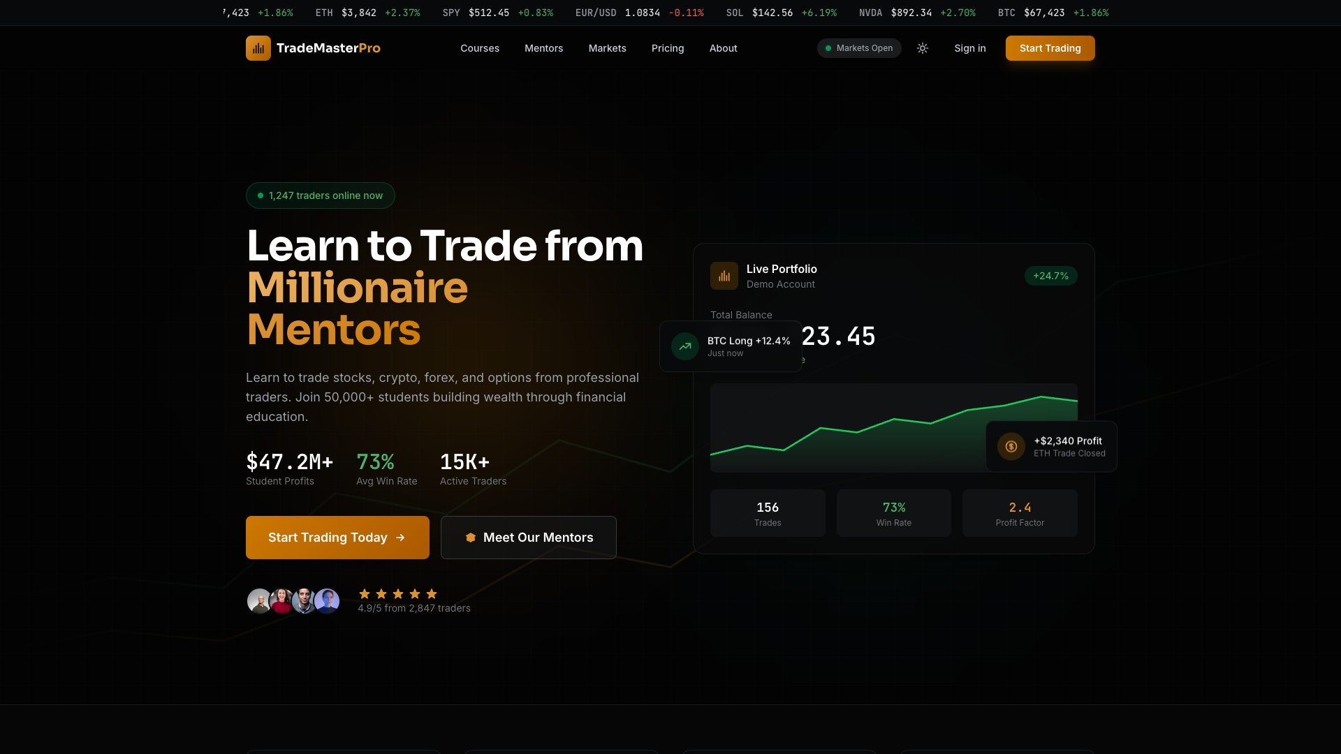 FinanceFlow - Premium Astro Trading Education Template with Course Listings, Mentor Profiles, and Win Rate Stats