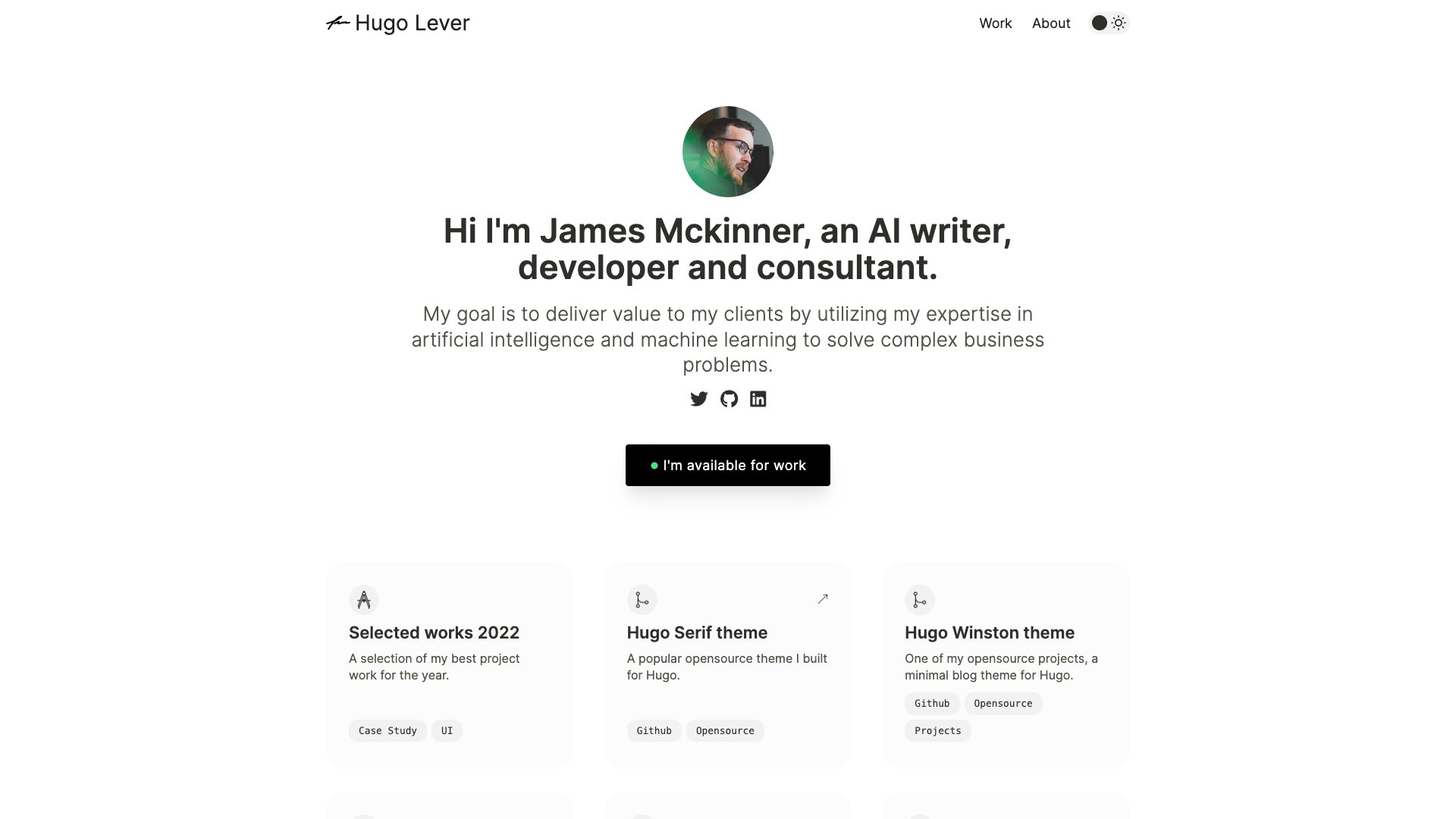 Hugo Lever - Premium Minimal Personal Bio Theme with Multiple CTAs Dark Mode and GDPR Self-Hosted Fonts