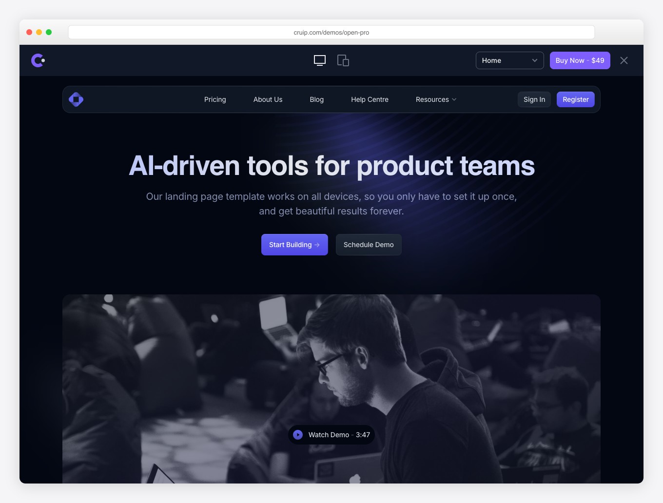 Open PRO - Dark SaaS Template by Cruip with Hero Section, Feature Grids, Pricing Tables, and Auth Pages