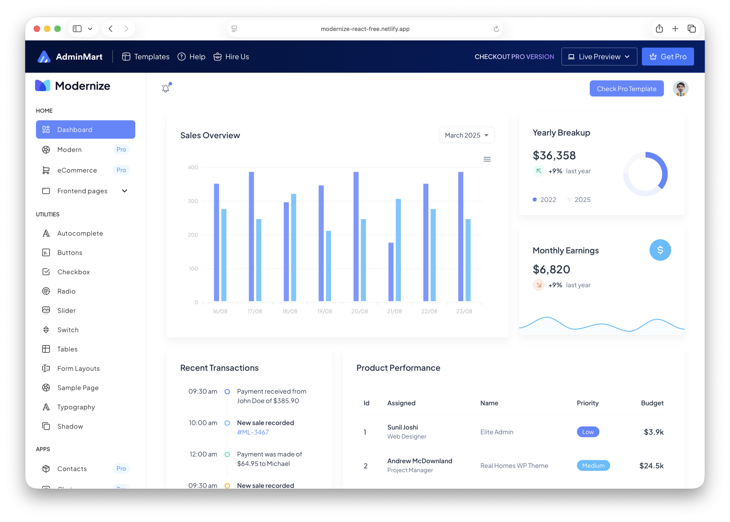 Modernize React Lite - Material UI v7 Vite React Admin Dashboard