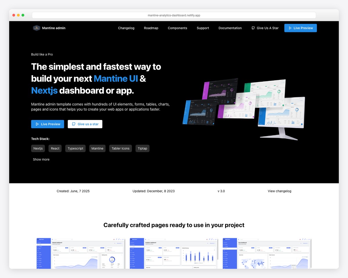 Mantine Analytics Dashboard template with ApexCharts, geographic maps, and dark mode