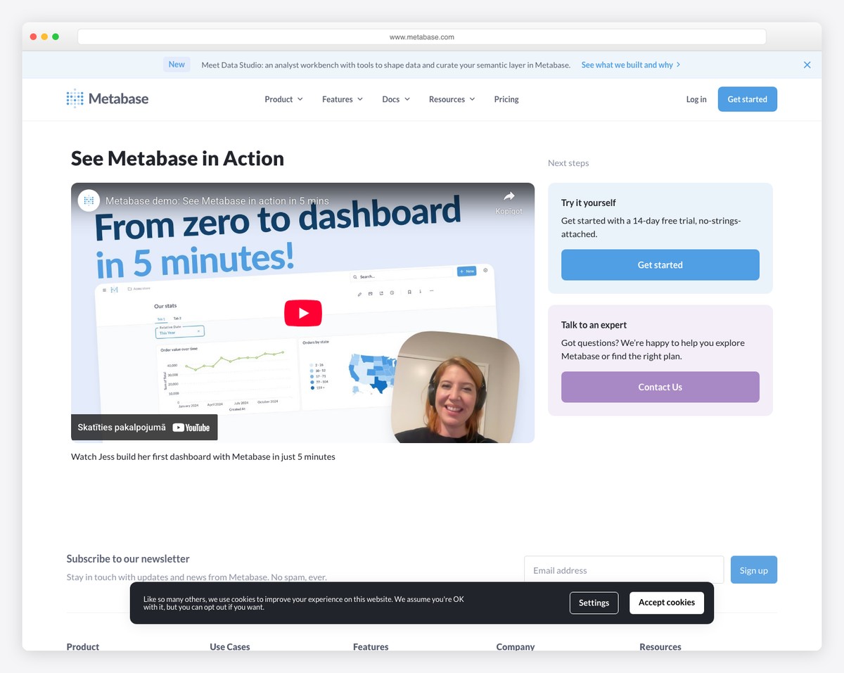 Metabase business intelligence with visual query builder and AI-powered natural language querying