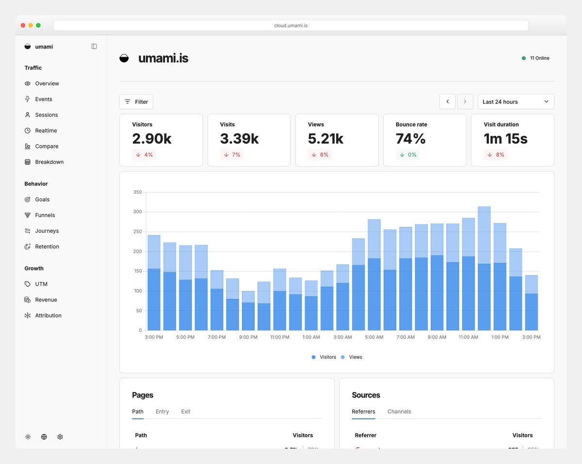 Umami privacy-focused web analytics dashboard with real-time visitor data and geographic mapping