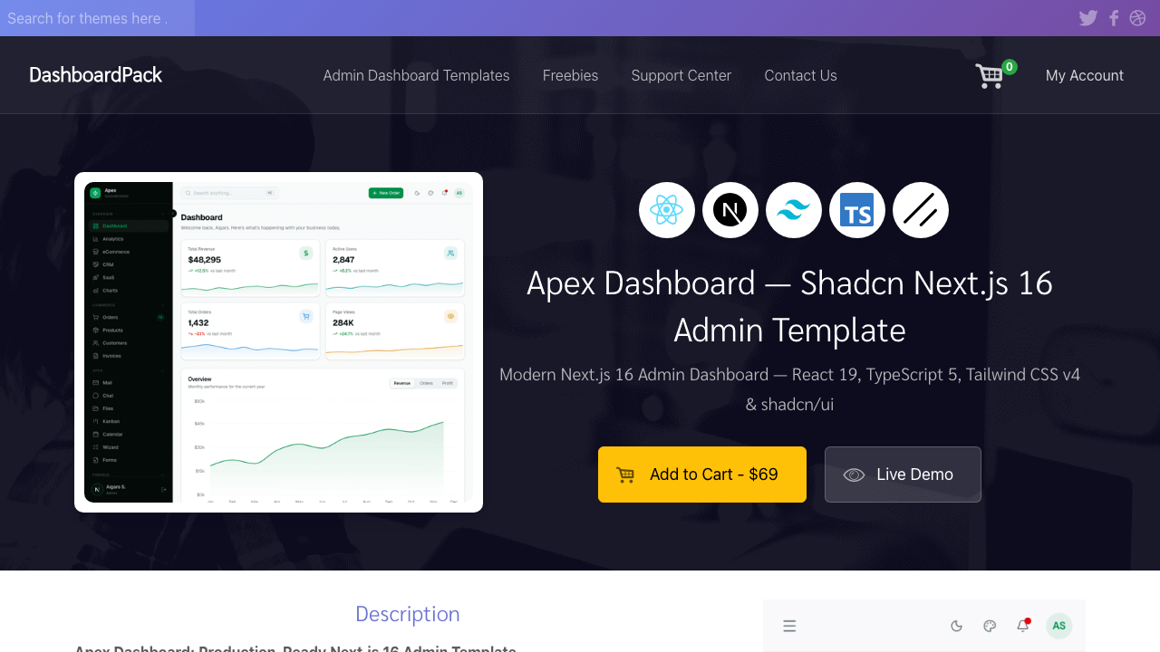 dashboardpack apex shadcn tailwind admin template