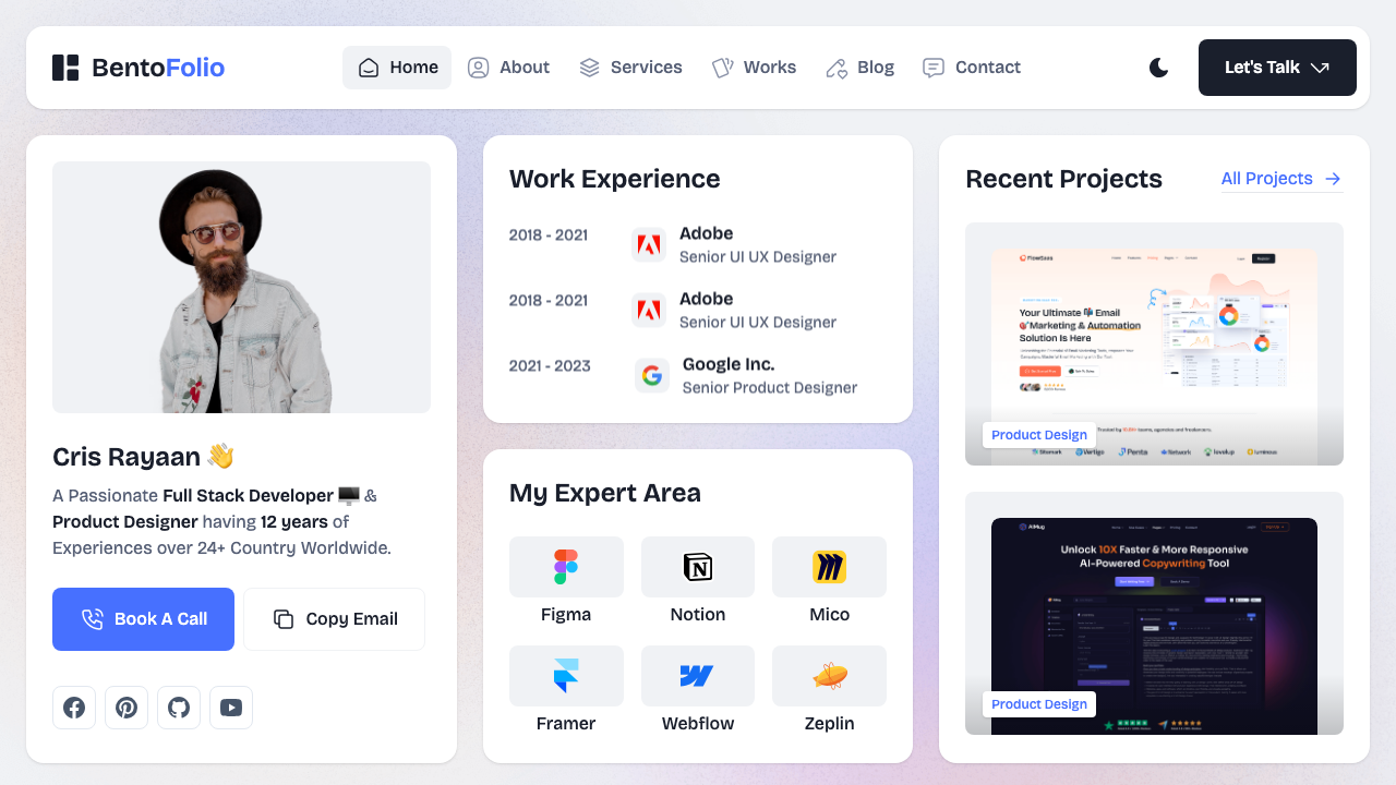 Bentofolio bento grid Tailwind CSS portfolio template