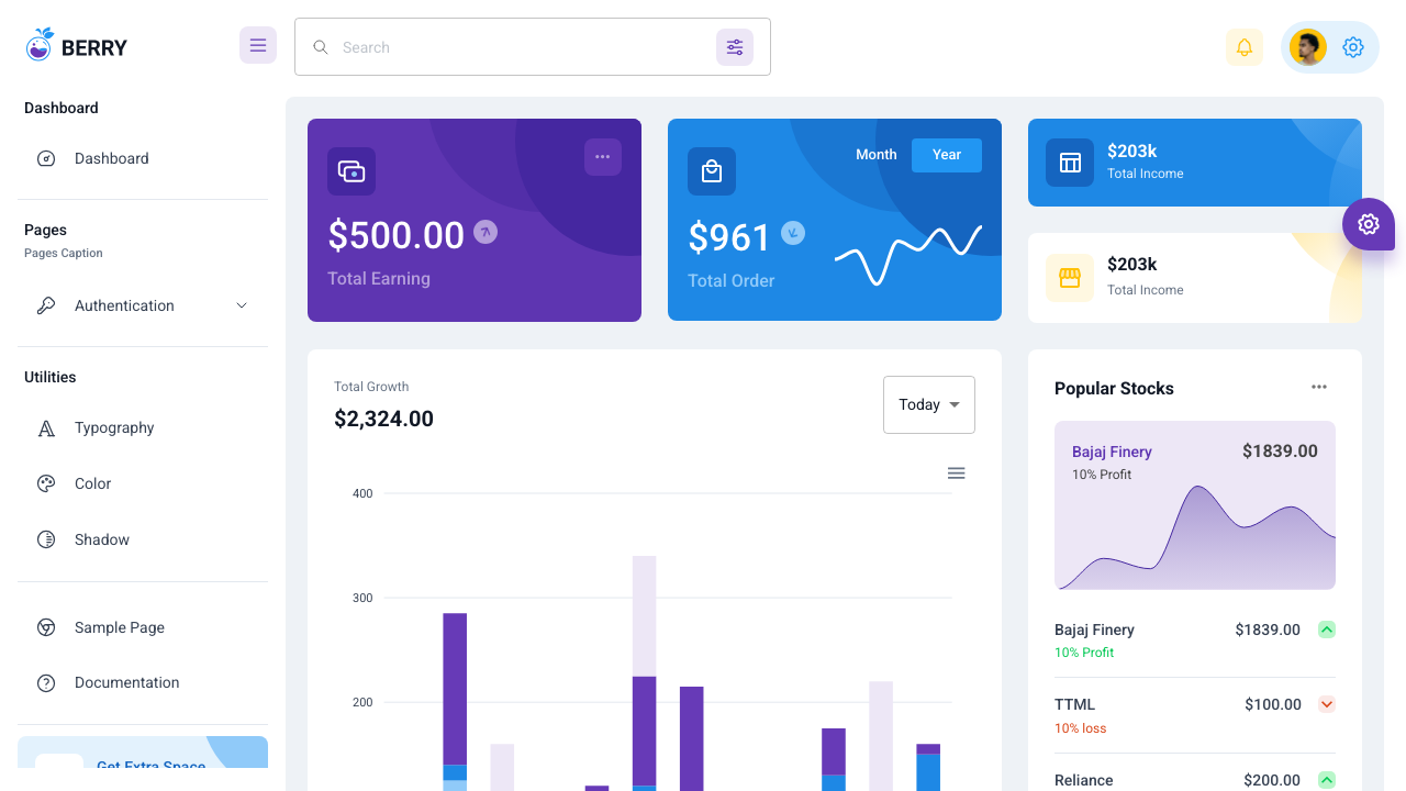 Berry Dashboard - React MUI admin template with stock market widgets