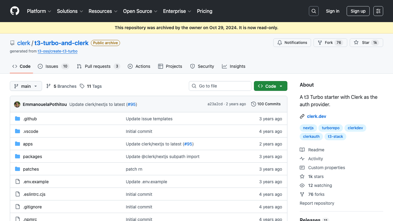 Clerk T3 Turbo monorepo with authentication