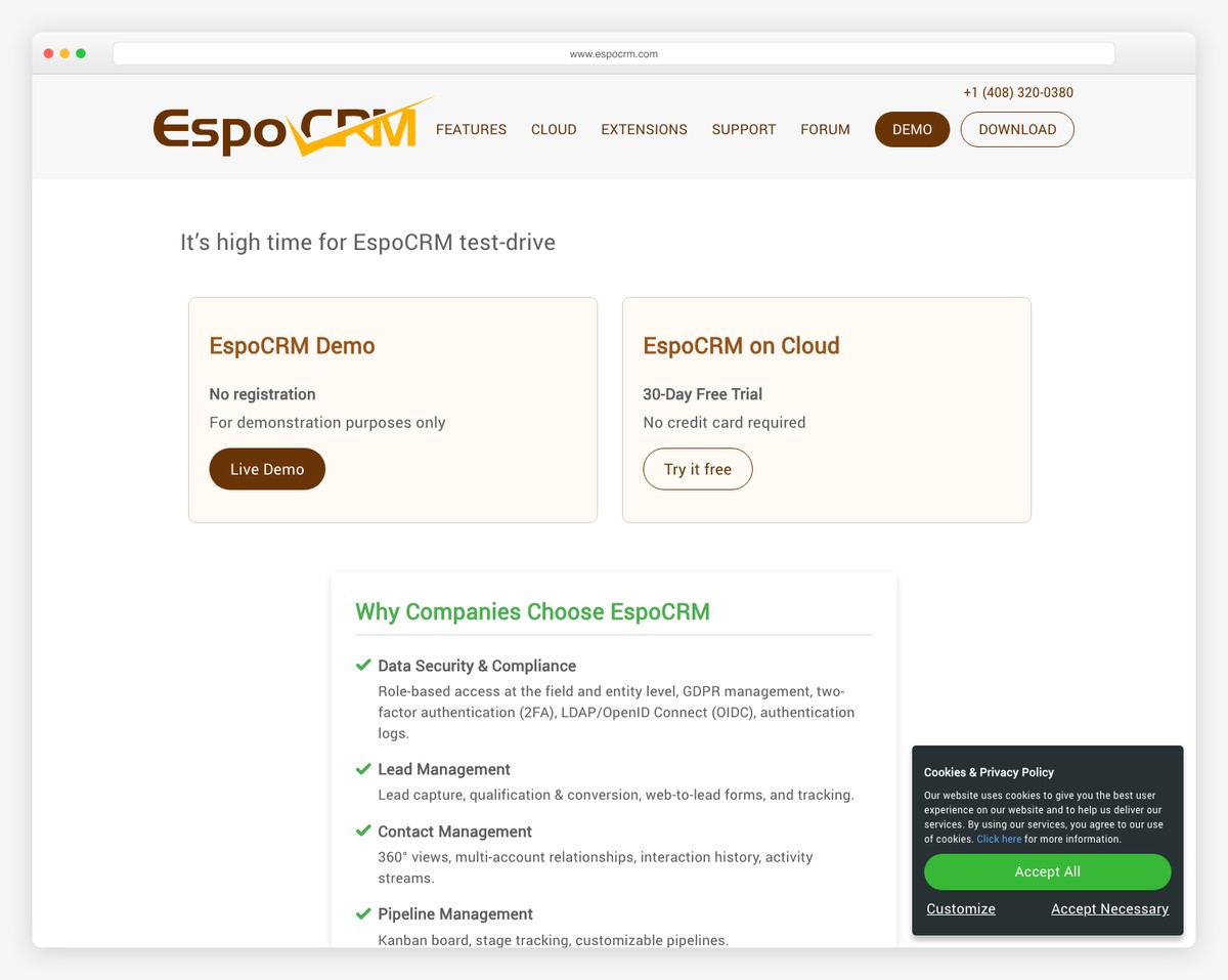 EspoCRM self-hosted CRM with kanban boards, email marketing, and customer portal