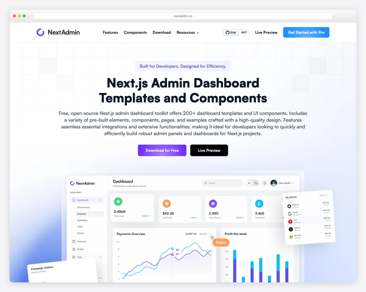 NextAdmin Pro full-stack CRM dashboard with PostgreSQL, Prisma, and NextAuth integration