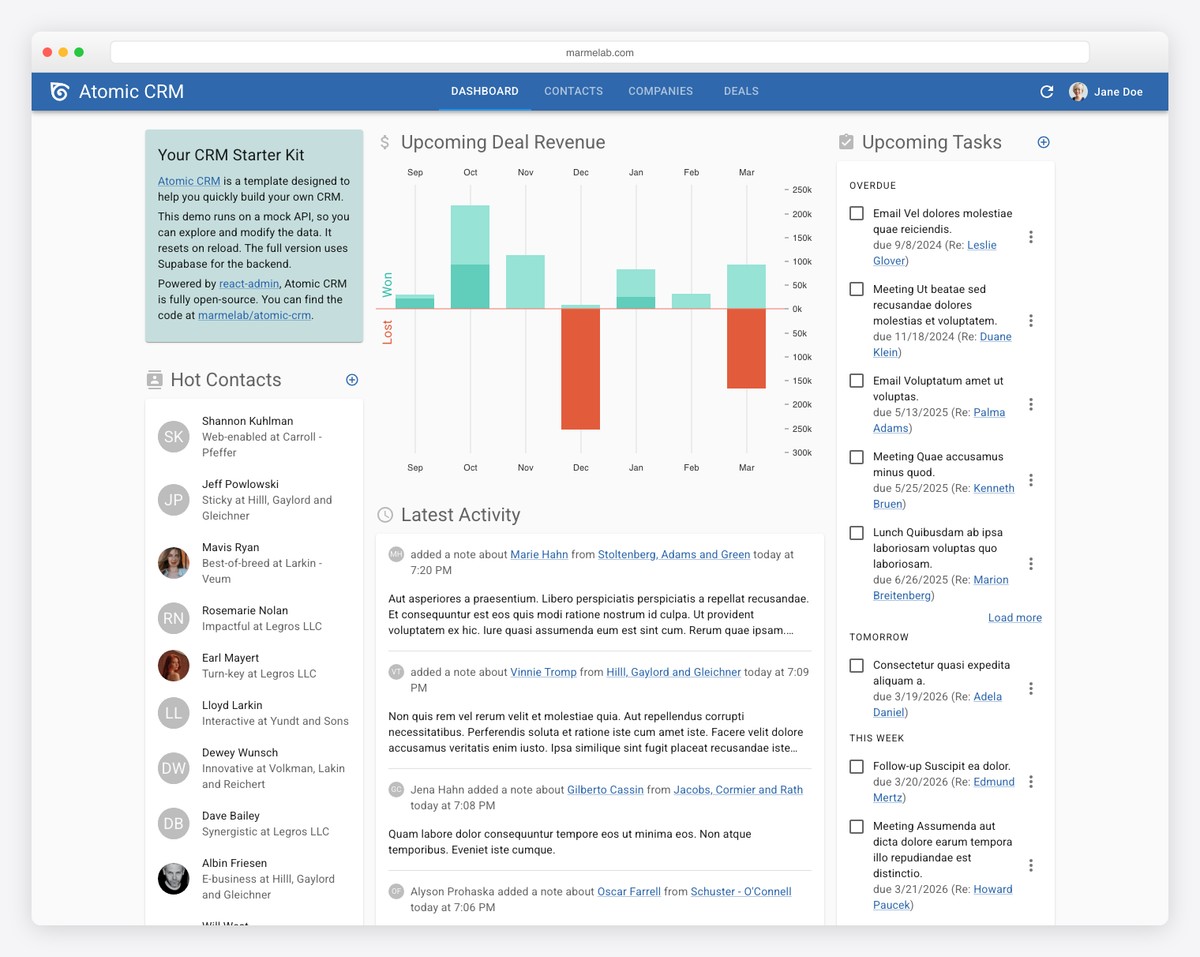 React-Admin CRM demo showing contact management and deal tracking with Material UI