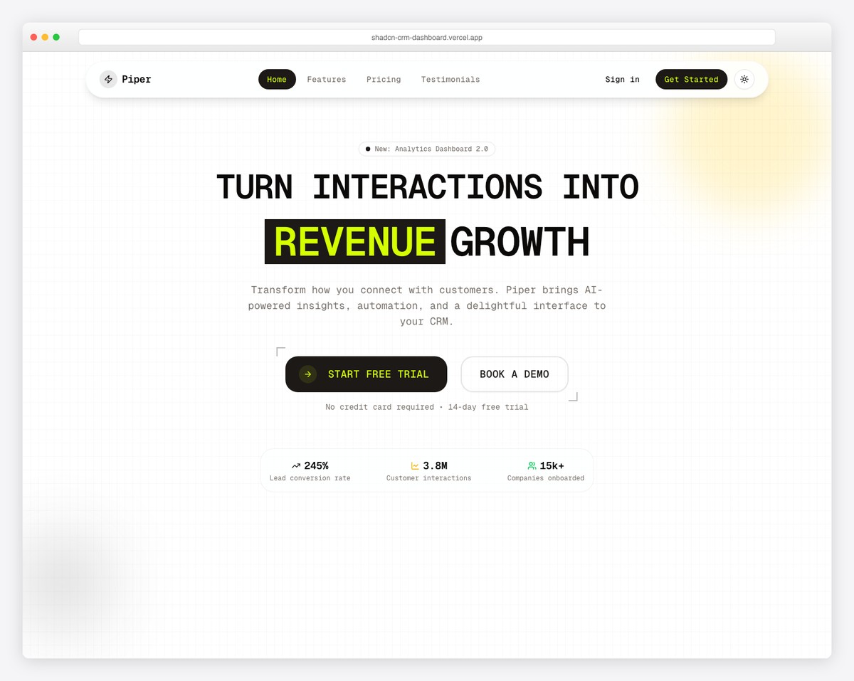 Shadcn CRM Dashboard with customer management, invoices, leads, and orders pages