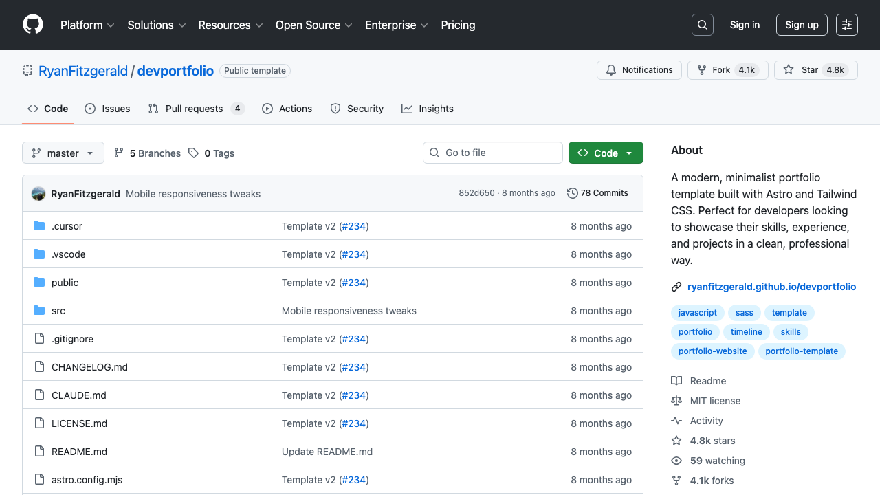 DevPortfolio developer portfolio template built with Astro