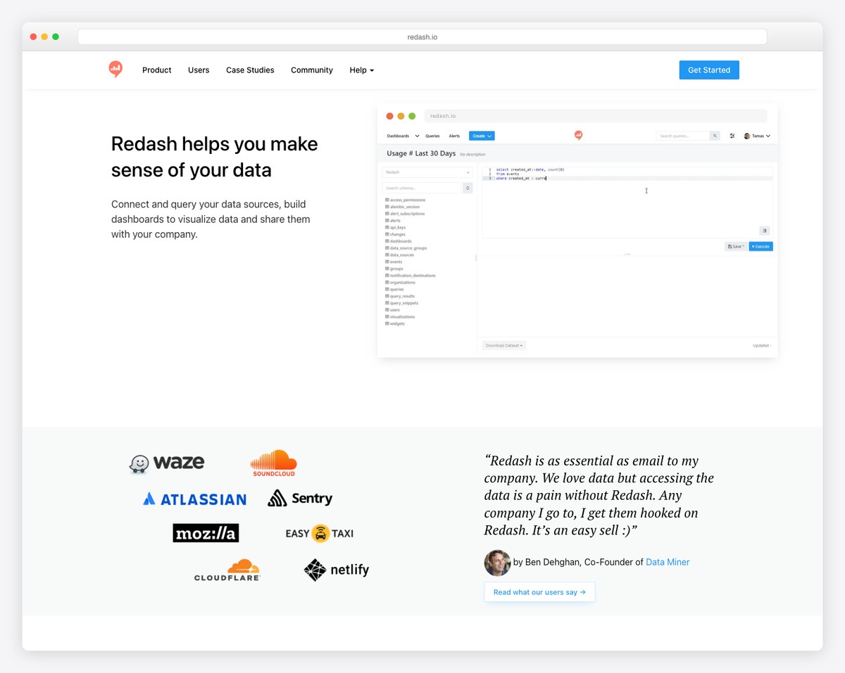 Redash SQL-first analytics platform with parameterized queries and shared dashboards
