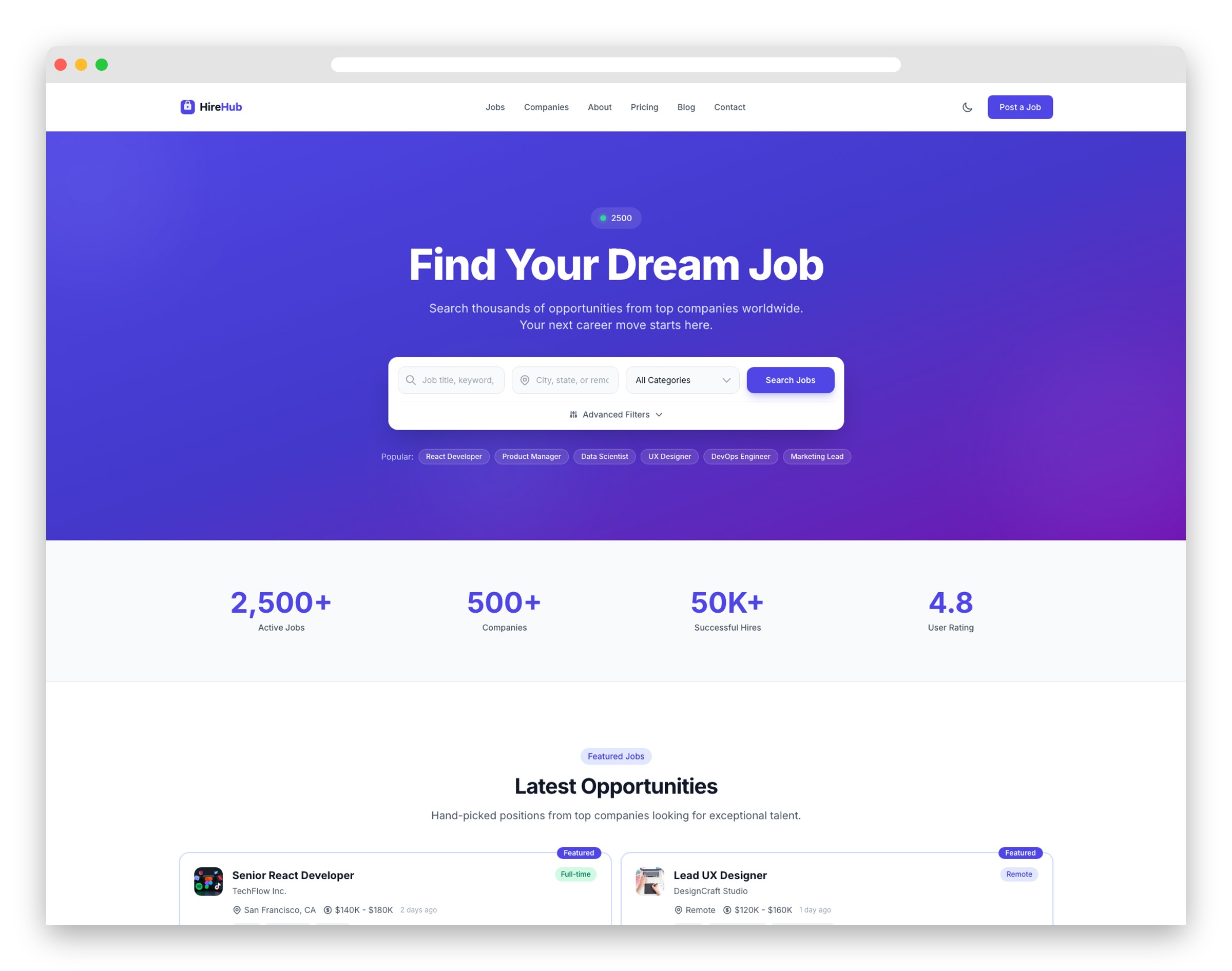 hirehub free tailwind css job board template