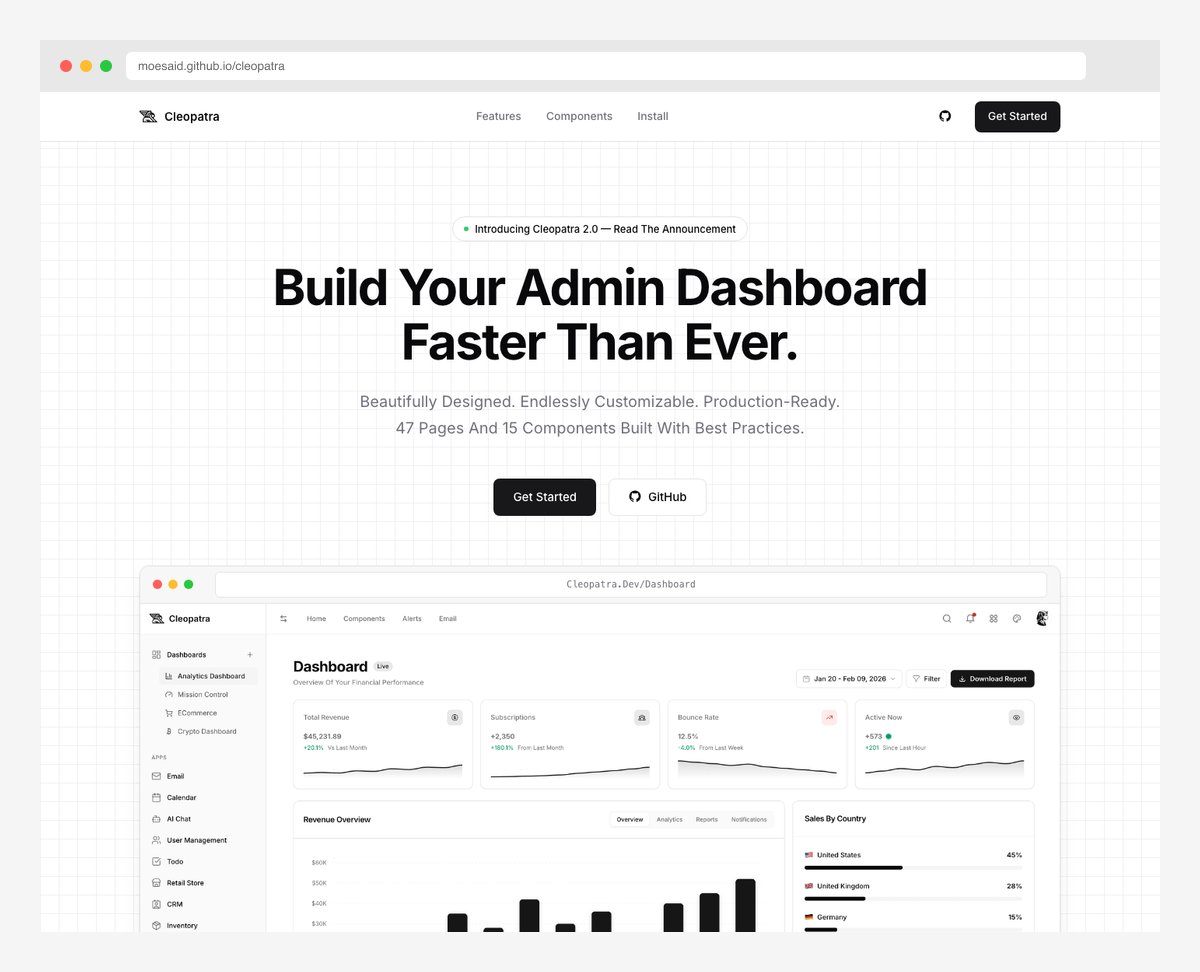 Cleopatra free vanilla JavaScript Tailwind v4 admin dashboard with 4 theme variations