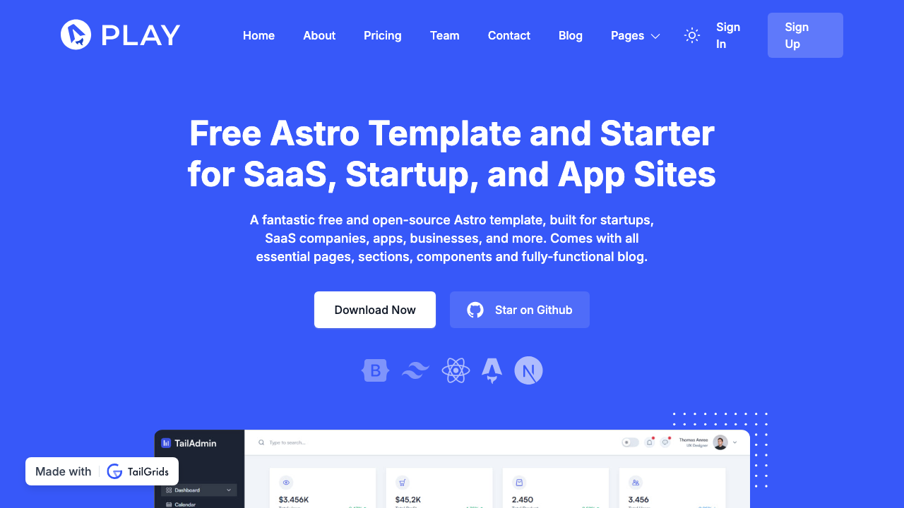 play astro tailgrids saas template