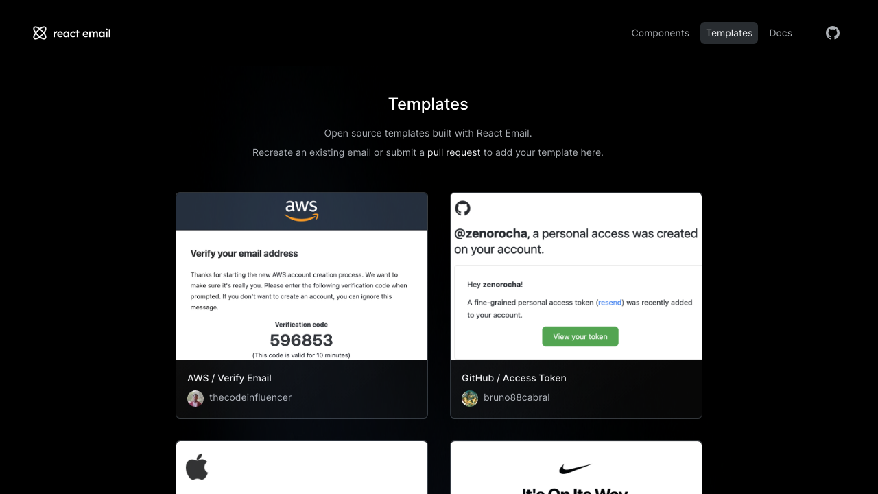 React Email - Templates page showing AWS, GitHub, Apple, Nike email recreations