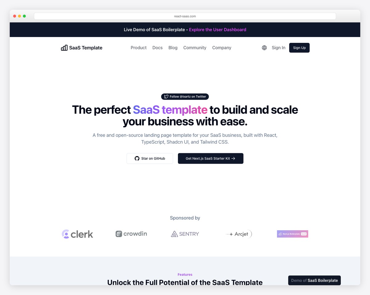 SaaS Boilerplate landing page with Next.js, Stripe, and multi-tenancy features
