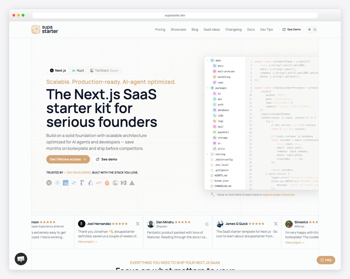 Supastarter SaaS boilerplate landing page with Next.js, Supabase, and Stripe integration