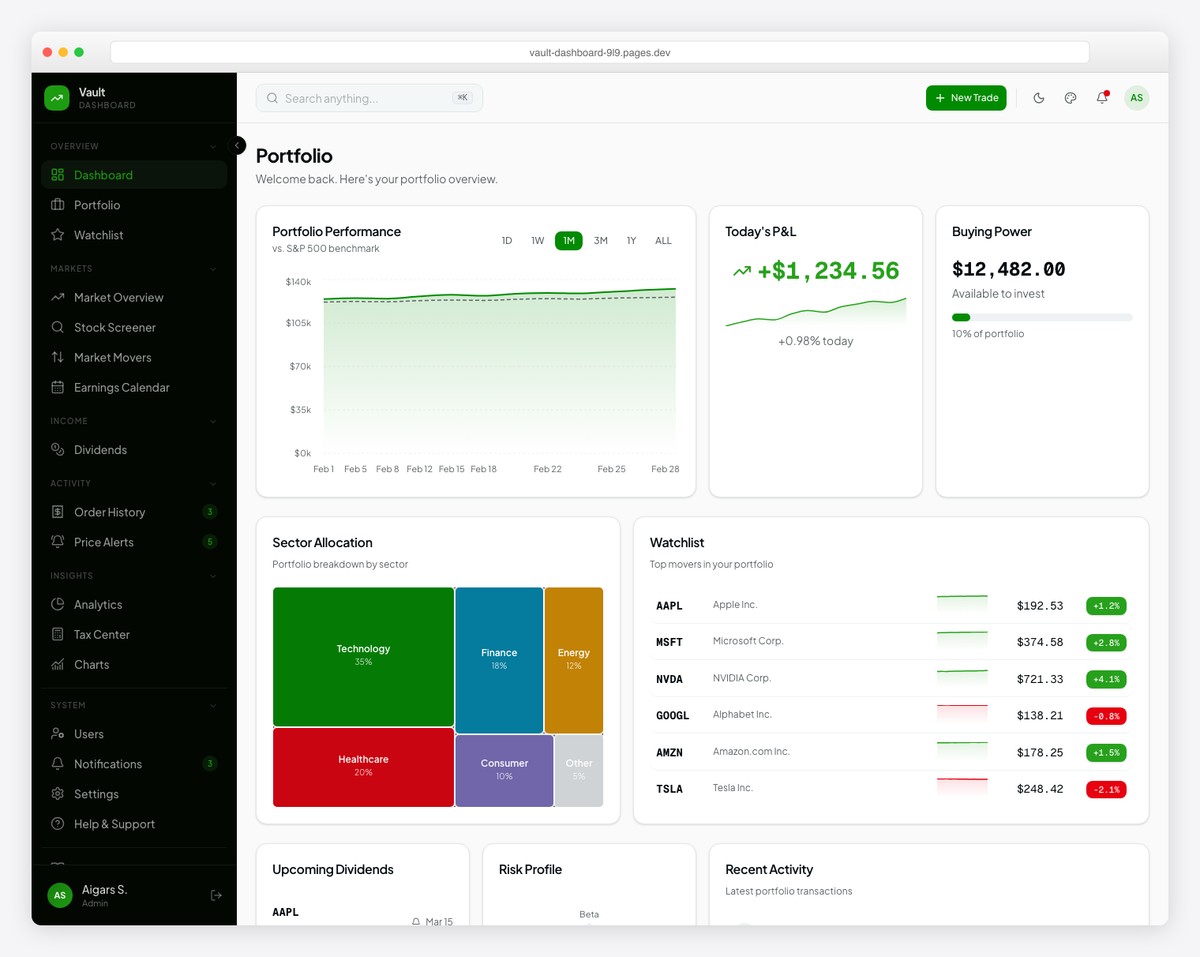 Vault fintech dashboard with dark mode, portfolio tracking, and investment analytics