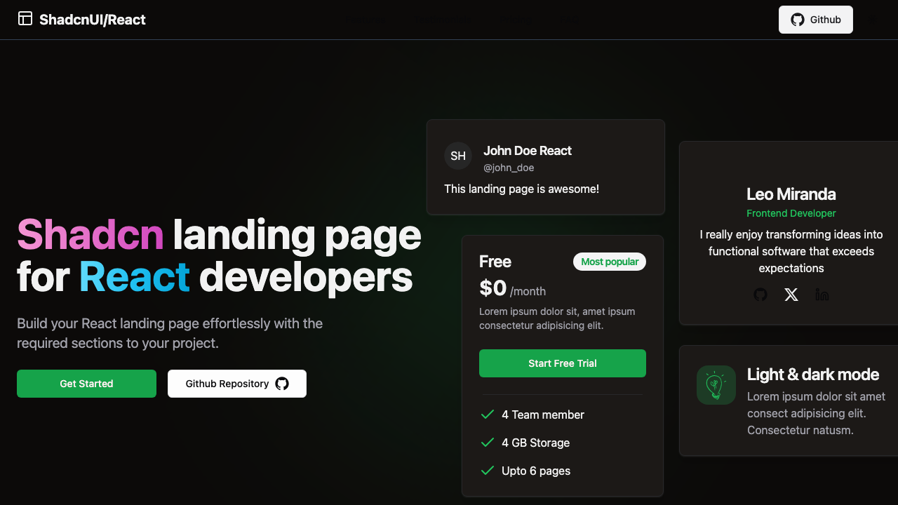 shadcn landing page template vite react