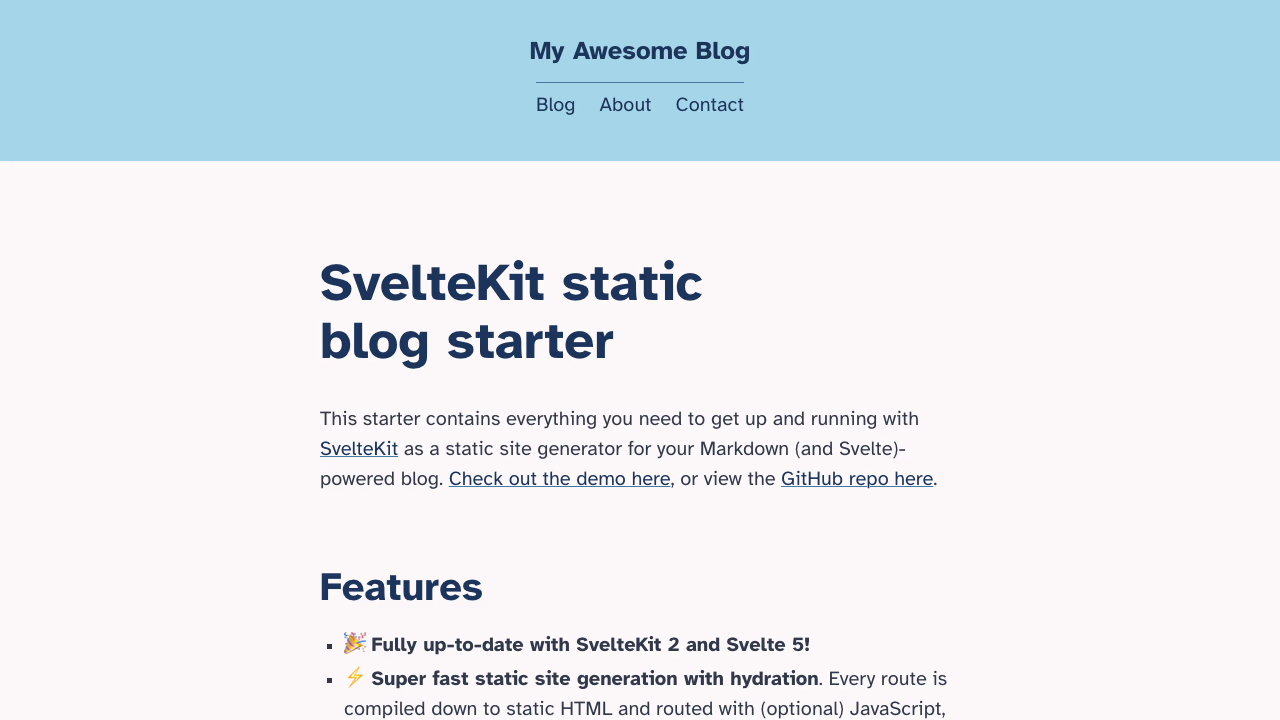 SvelteKit Blog Starter - Static blog template with Markdown and Svelte 5