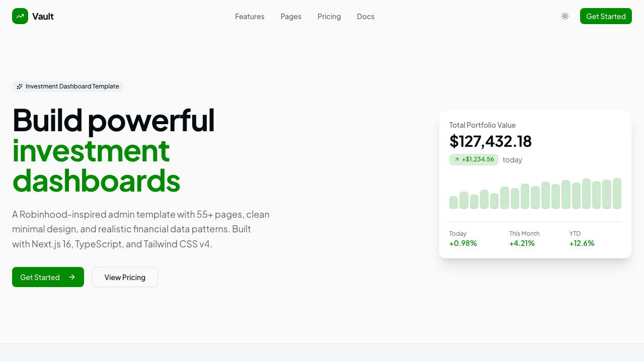 Vault Dashboard - Robinhood-inspired investment dashboard built with Next.js
