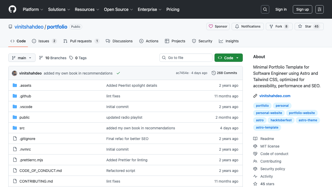 Minimal Astro portfolio template for software engineers