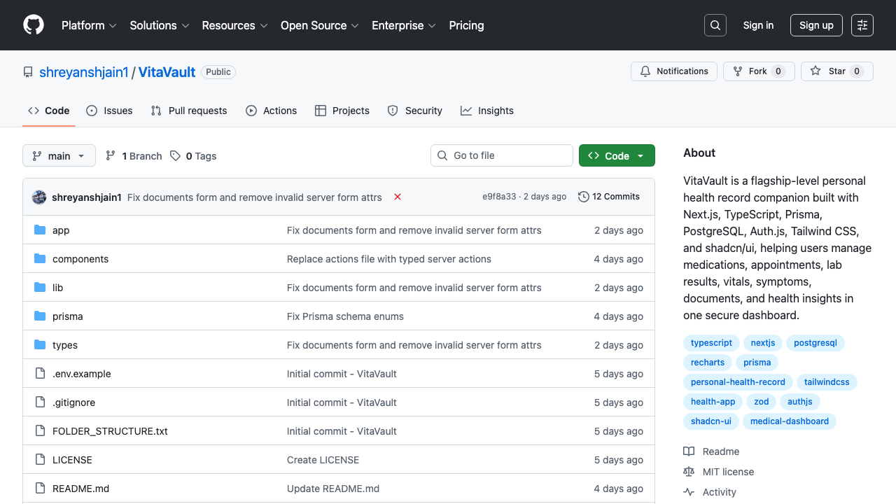 VitaVault health dashboard built with Next.js and shadcn/ui
