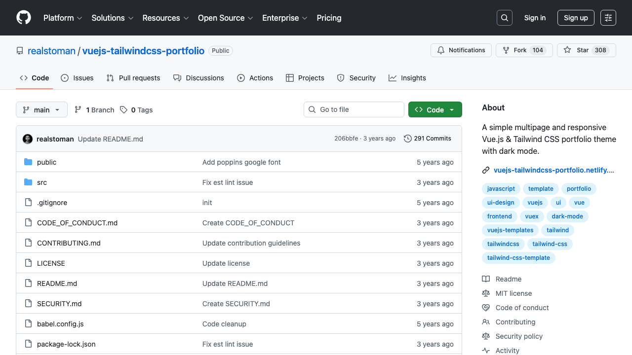 Vue.js 3 Tailwind CSS portfolio template with dark mode