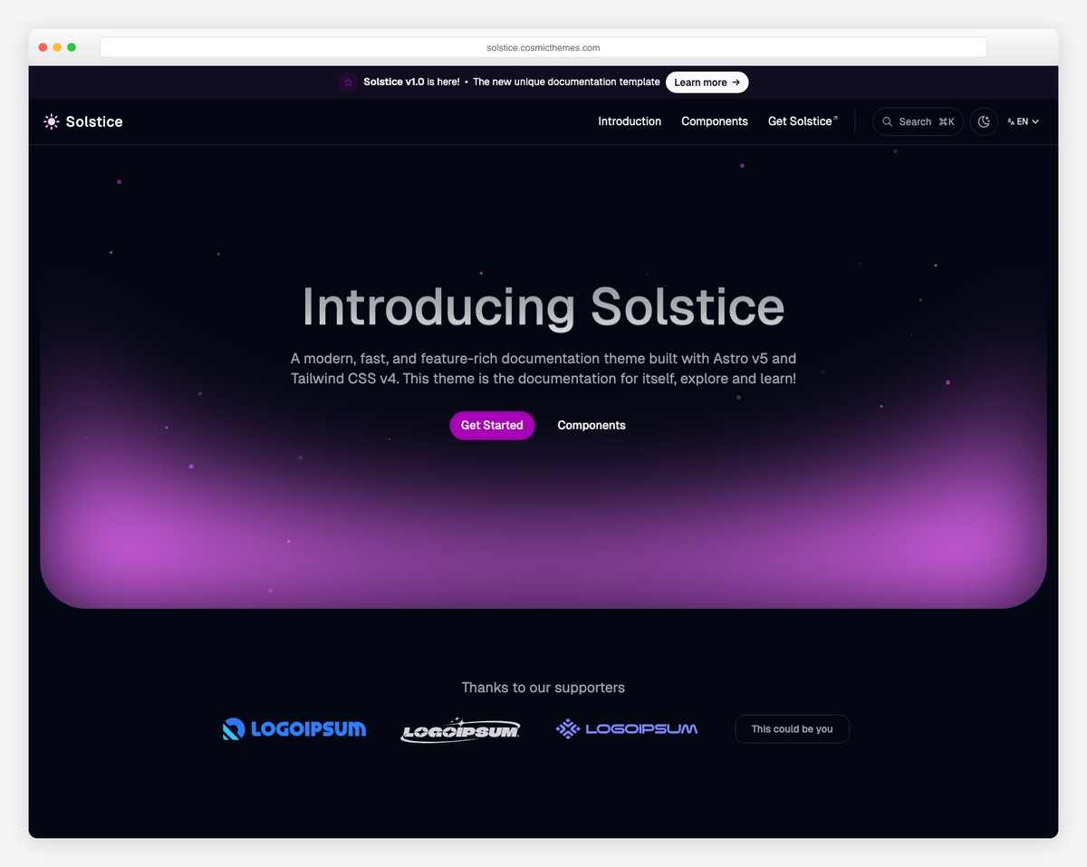 Solstice - Premium Astro Documentation Theme with i18n, Expressive Code, and Pagefind Search