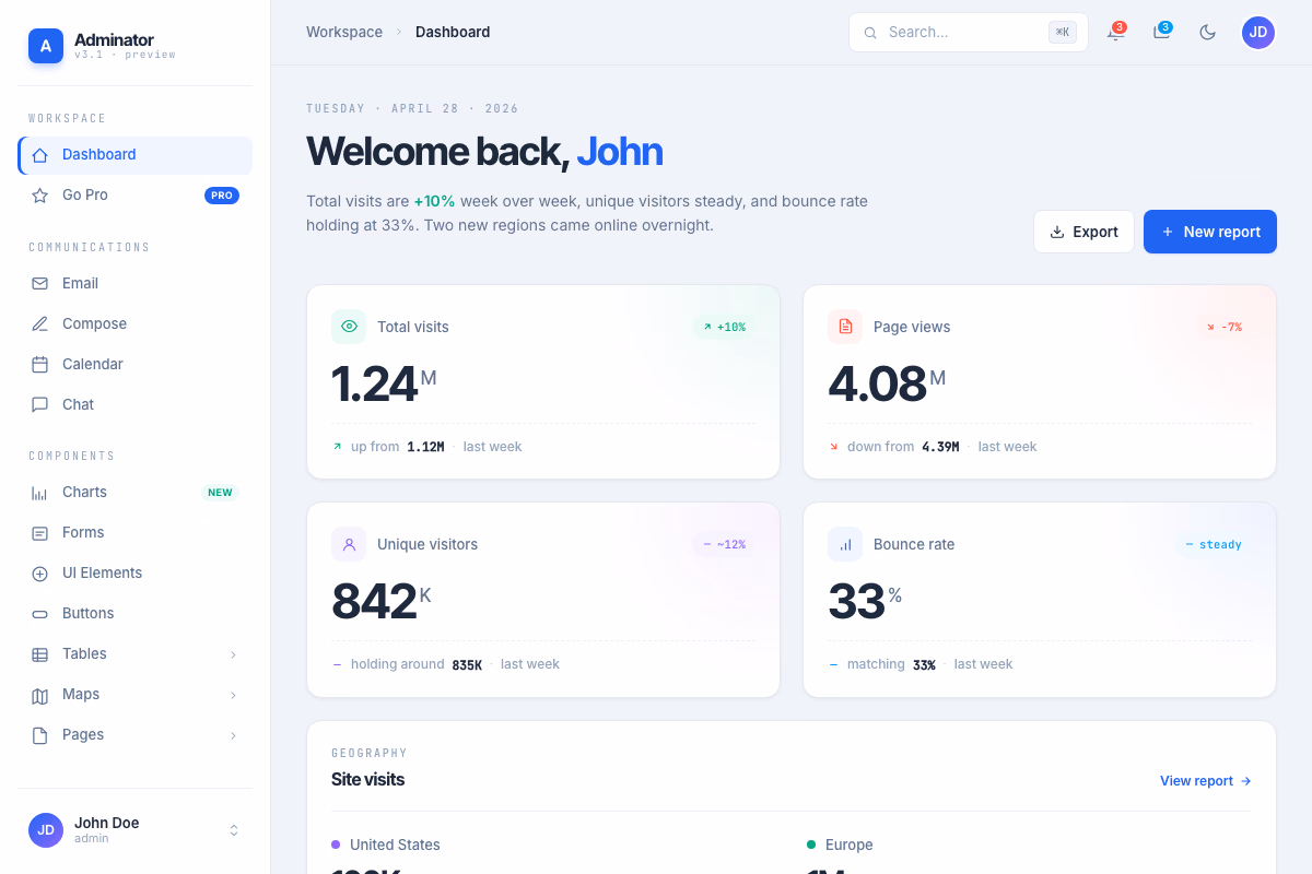 Adminator 2026 — vanilla JS admin dashboard with token-driven CSS variable design system