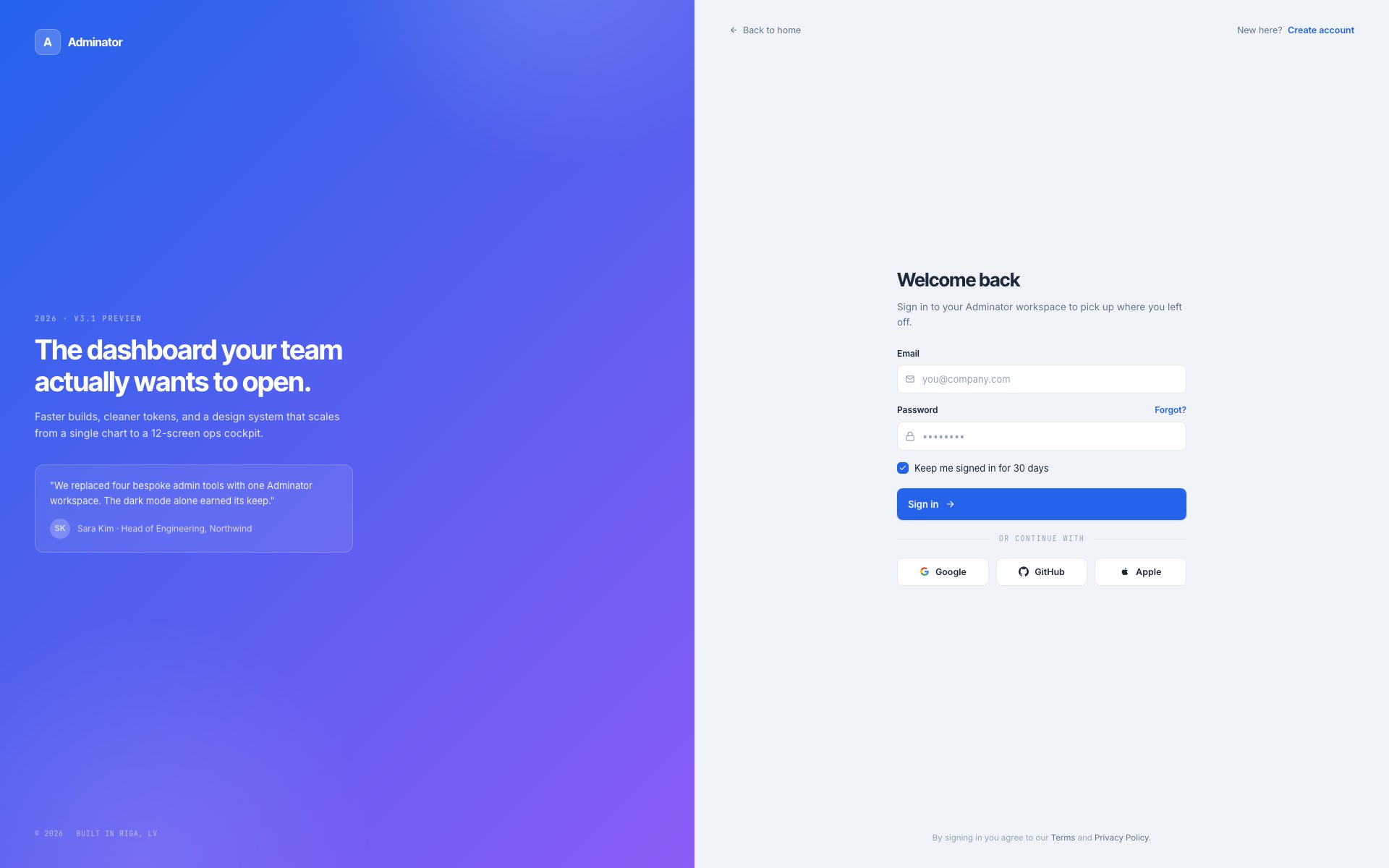 Adminator 2026 sign-in page — split-screen design with brand panel and social auth, no Bootstrap